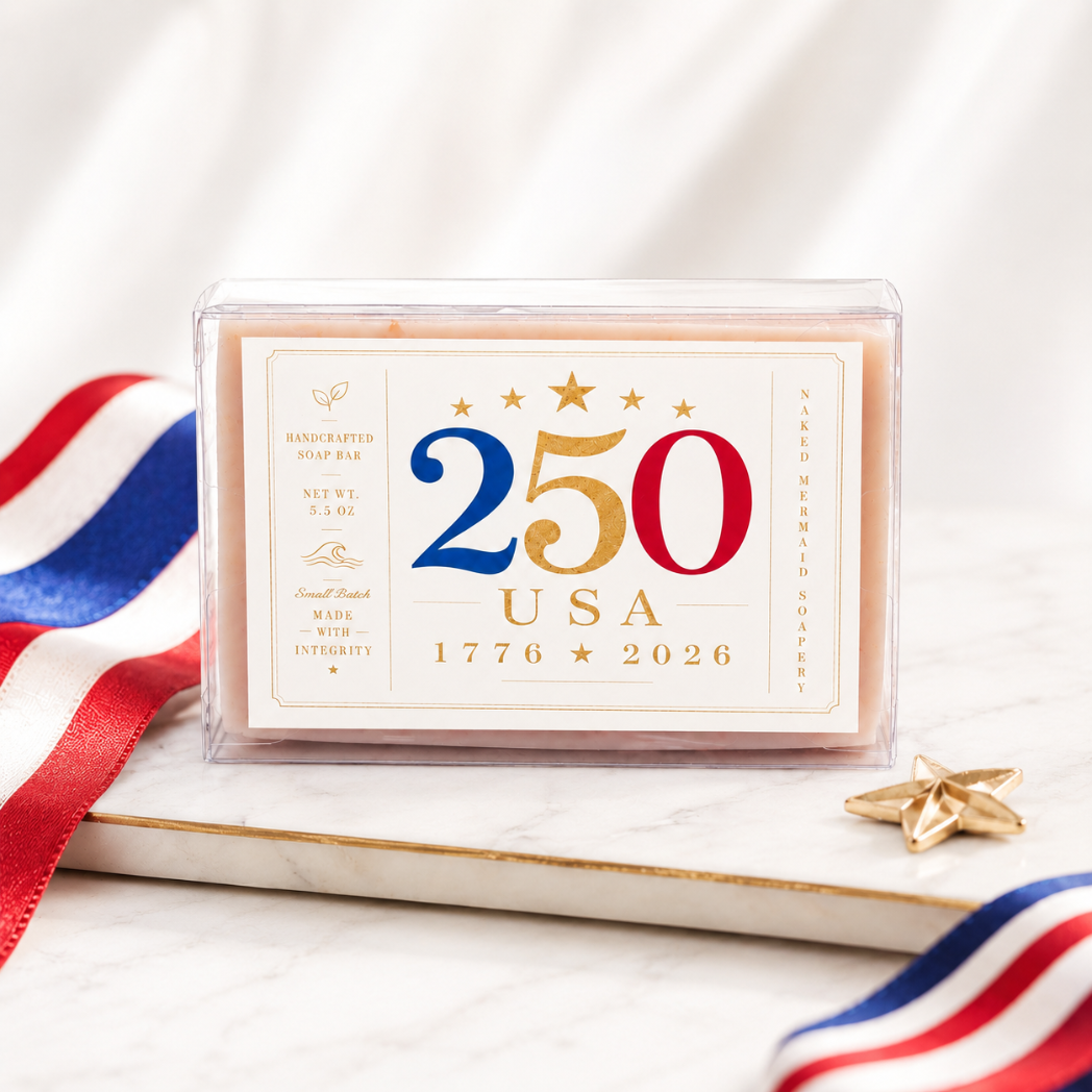 250th anniversary patriotic soap bar with gold eagle emblem in clear gift box