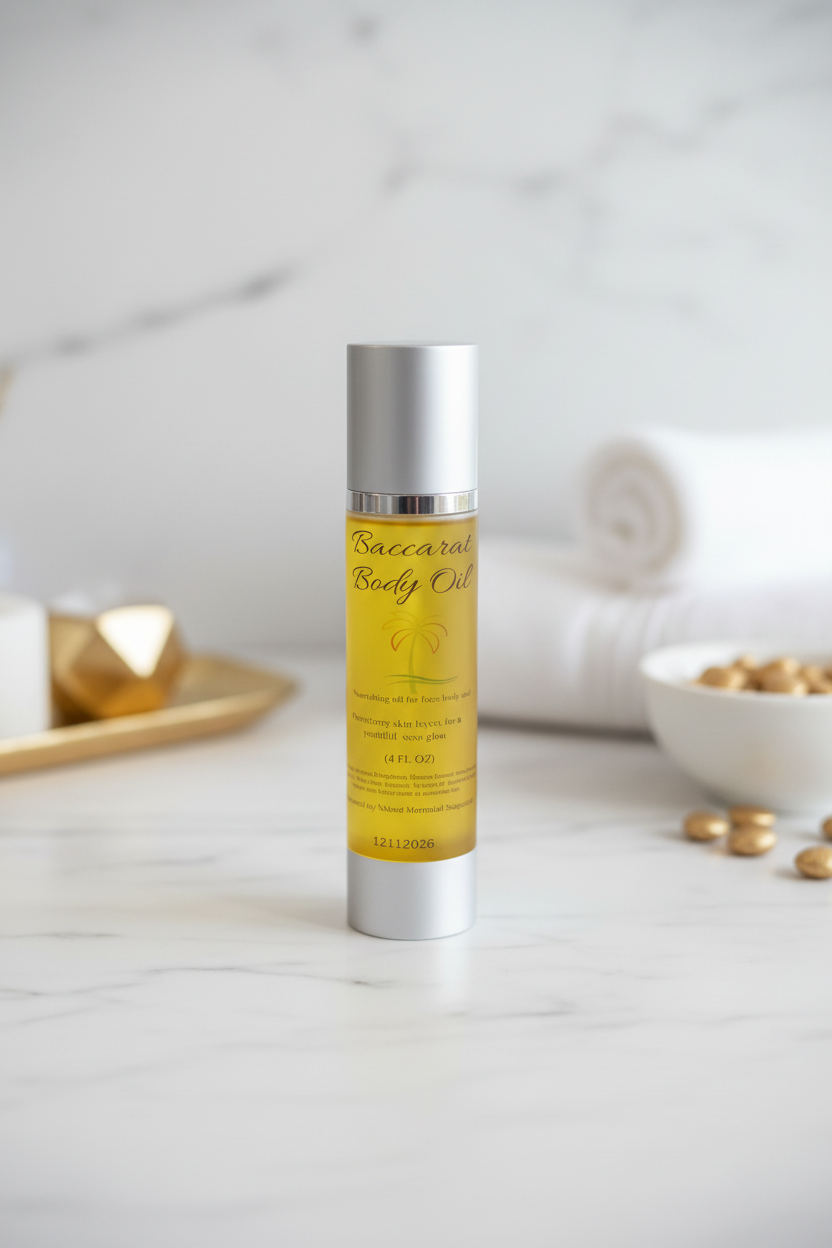 Baccarat body oil in a 4 oz airless pump bottle.