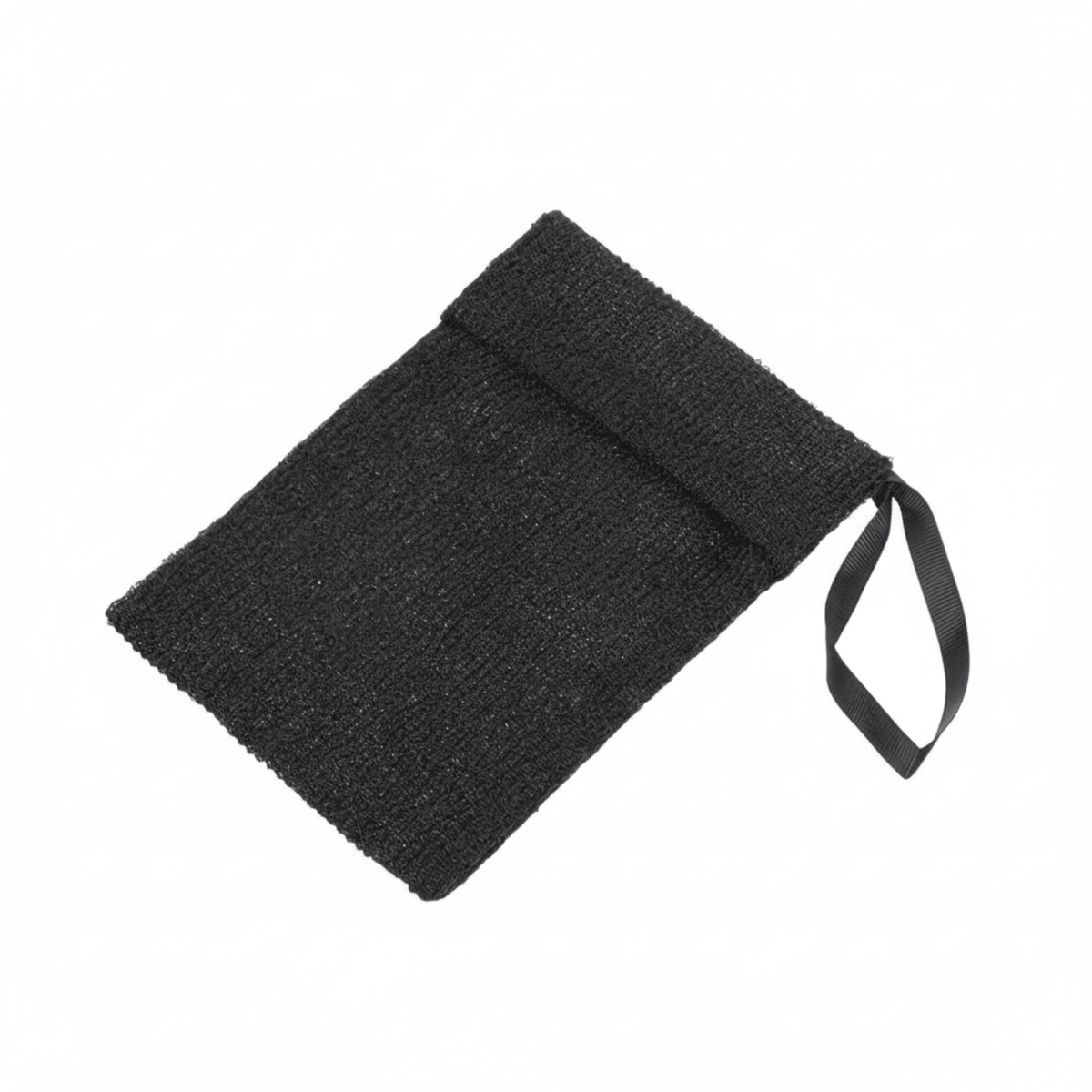 Black textured soap saver bag with hanging loop for natural soap bars