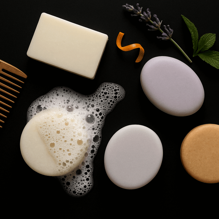 Four luxury solid shampoo bars made by Naked Mermaid Soapery on a black matte surface with creamy lather, wooden comb, and fresh botanicals — eco-friendly, handcrafted hair care collection displayed in an elegant, high-end style.