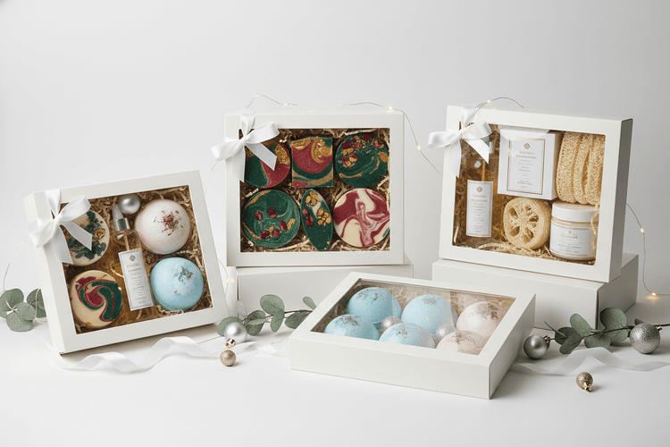 Luxury holiday gift sets featuring handcrafted soaps, bath bombs, and spa products beautifully arranged for gifting