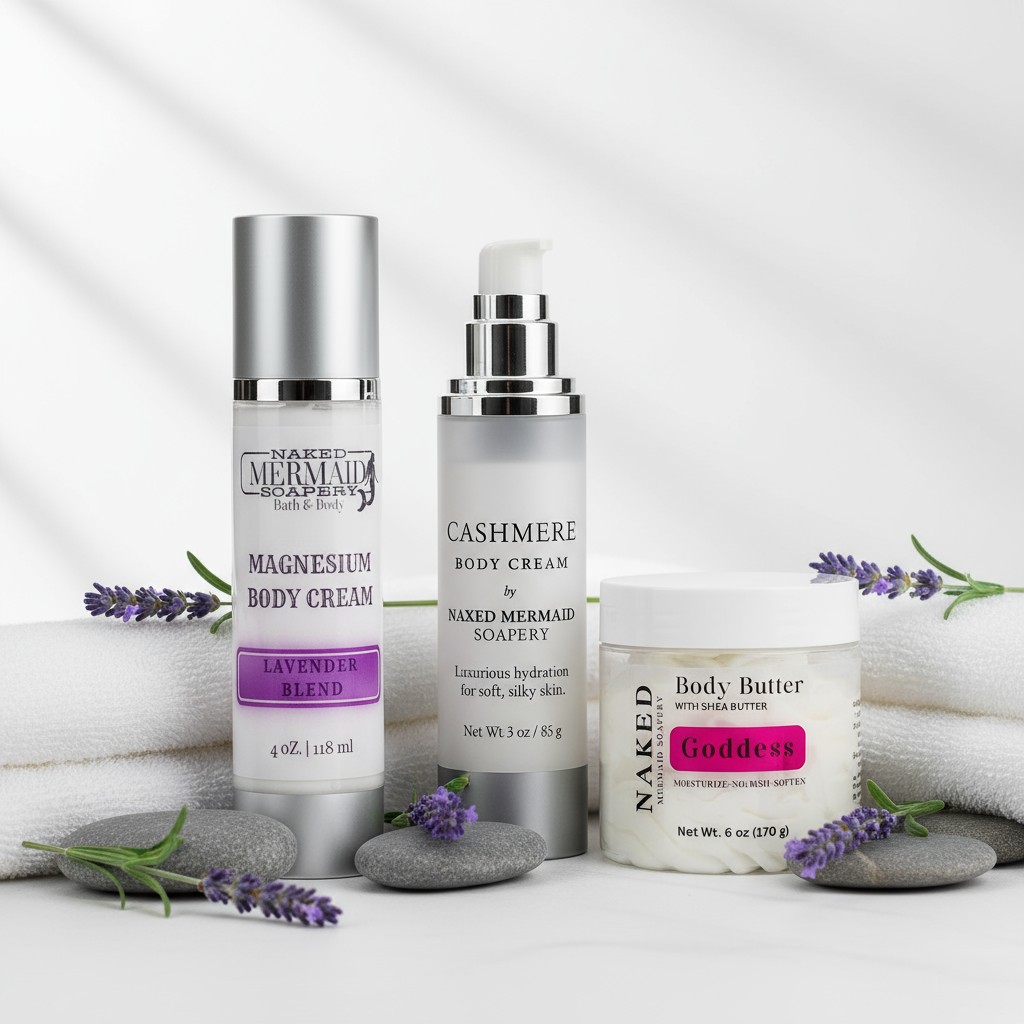 Moisturizers collection featuring body creams, body butters, and body oils by Naked Mermaid Soapery for hydrated, nourished skin