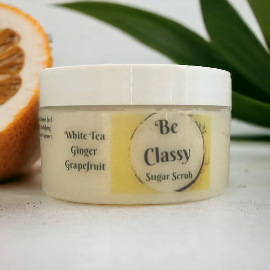 Be Classy Exfoliating sugar scrub.  An irresistable blend of white tea, ginger and grapefruit.  Manufactured by Naked Mermaid Soapery LLC