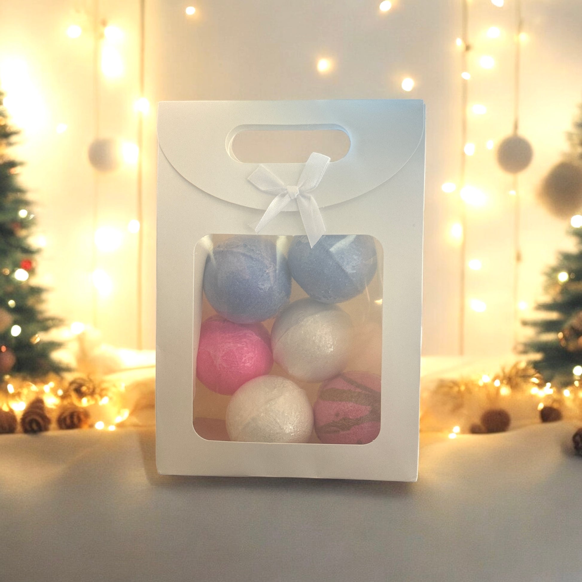 Bath bomb gift set contains 6 mini bath bombs each weighing 2 ounces.