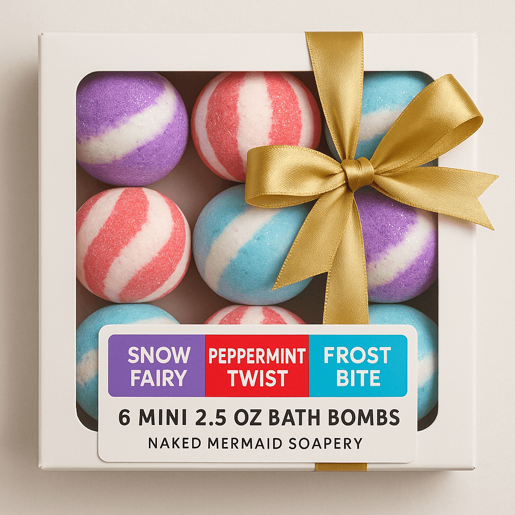 Luxury bath bomb gift set featuring colorful handcrafted 2.5 oz bath bombs in a white gift box with a gold ribbon.