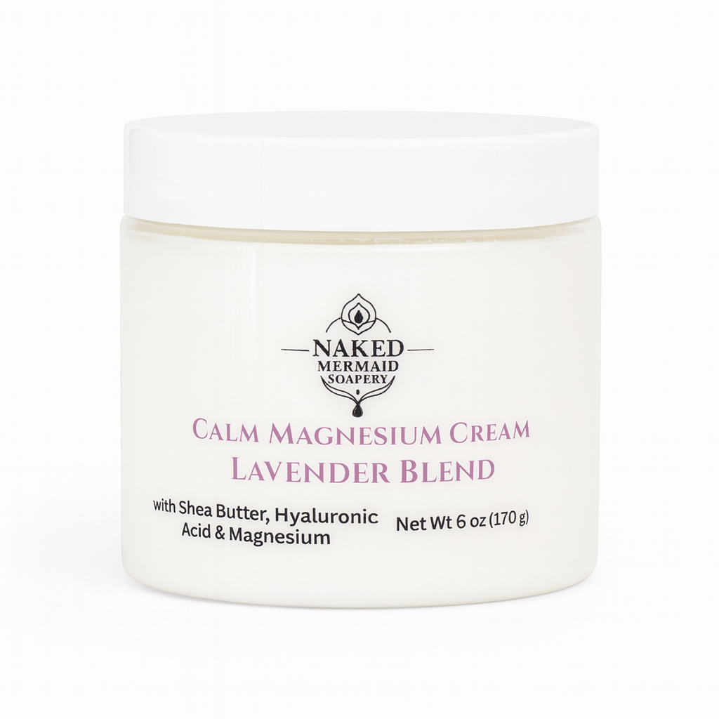 Jar of Naked Mermaid Soapery Calm Magnesium Cream Lavender Blend on a white background
