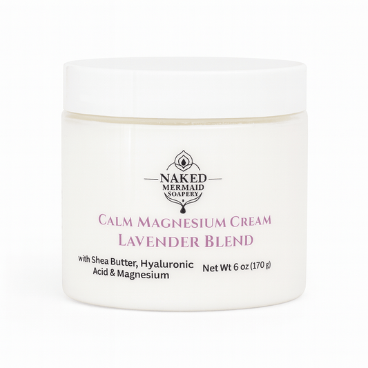 Jar of Naked Mermaid Soapery Calm Magnesium Cream Lavender Blend on a white background