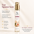 A perfume spray bottle labeled 'Naked Mermaid Soapery Cashmere' with a gold cap, centered on a warm cream background with marketing text describing the signature scent.
