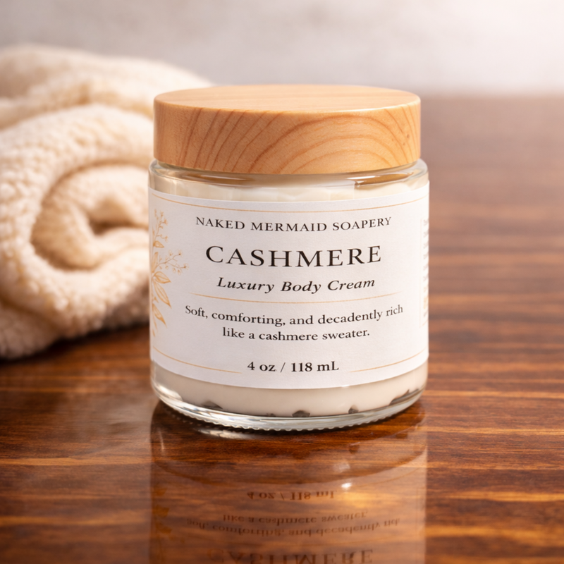 Cashmere luxury body cream in glass jar with wooden lid, soft comforting rich moisturizer for skin