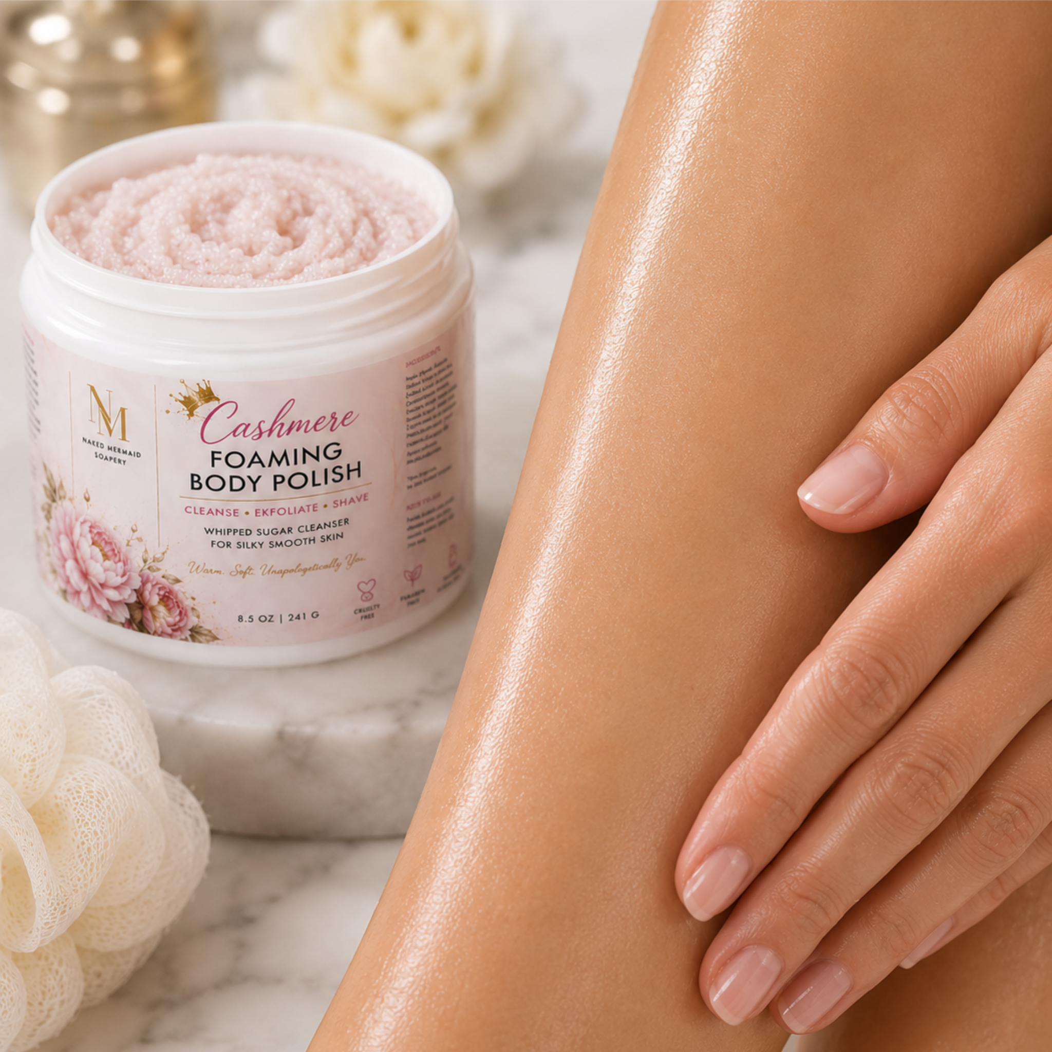 Silky smooth, glowing skin after using Cashmere Foaming Body Polish by Naked Mermaid Soapery, with the open 8.5 oz jar in the background highlighting the whipped sugar cleanser that cleanses, exfoliates, and leaves skin soft and beautifully fragranced.