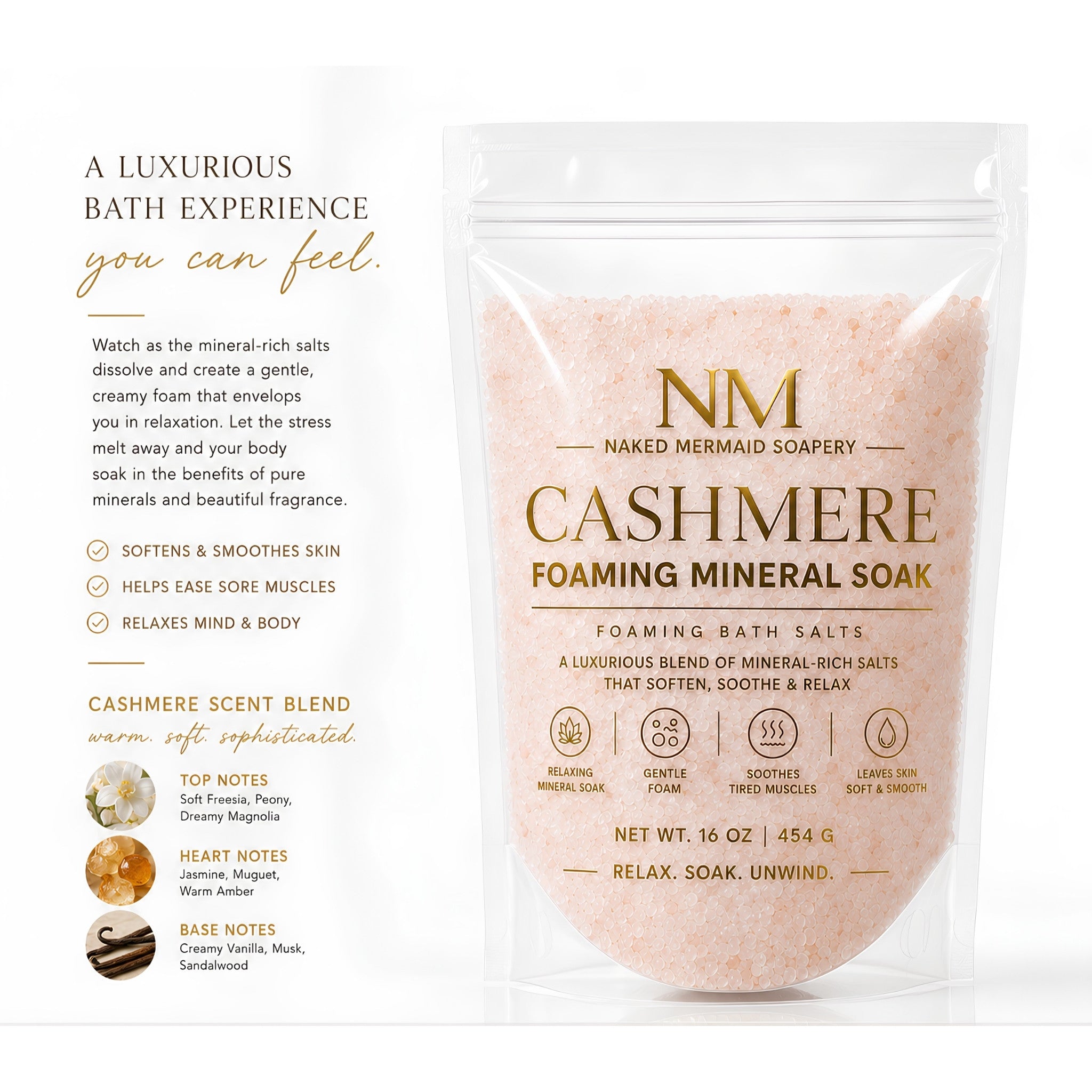 Cashmere Foaming Mineral Soak by Naked Mermaid Soapery in a clear 16 oz stand-up pouch featuring pink mineral bath salts. Luxury foaming bath salts with a warm cashmere fragrance for a relaxing spa-inspired bath.