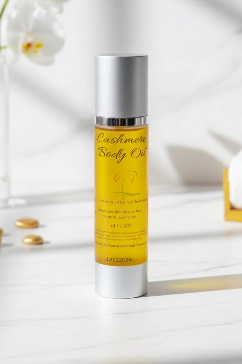 Cashmere body oil in a 4 ounce airless pump bottle