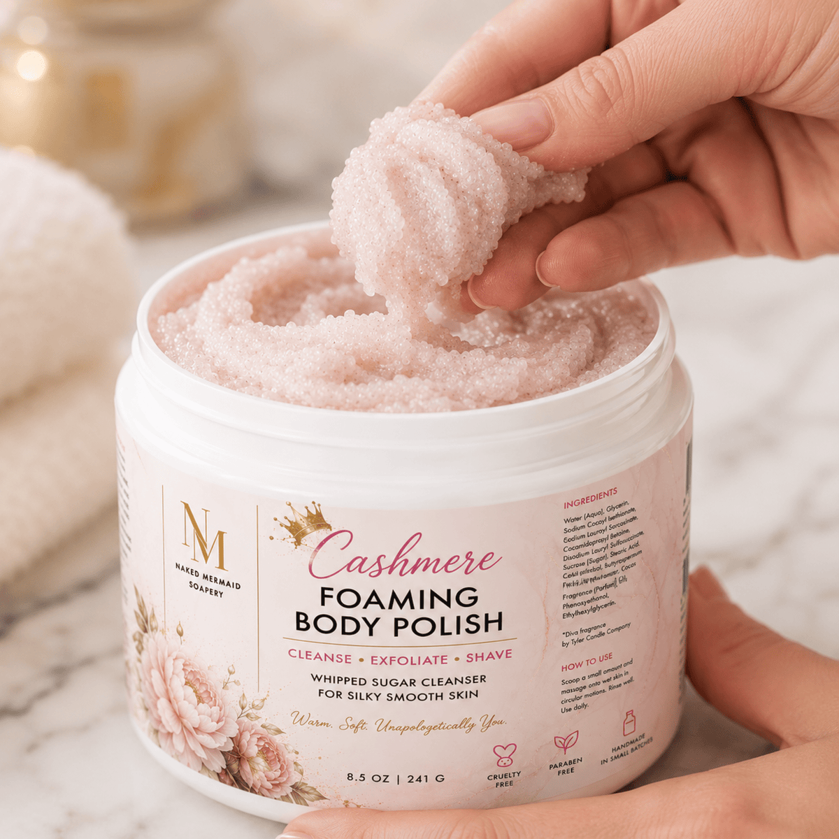 Cashmere Foaming Body Polish by Naked Mermaid Soapery for cleansing, exfoliating and shaving.