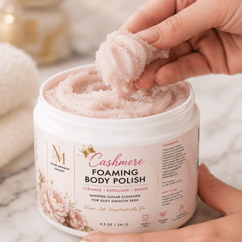 Cashmere Foaming Body Polish by Naked Mermaid Soapery for cleansing, exfoliating and shaving.