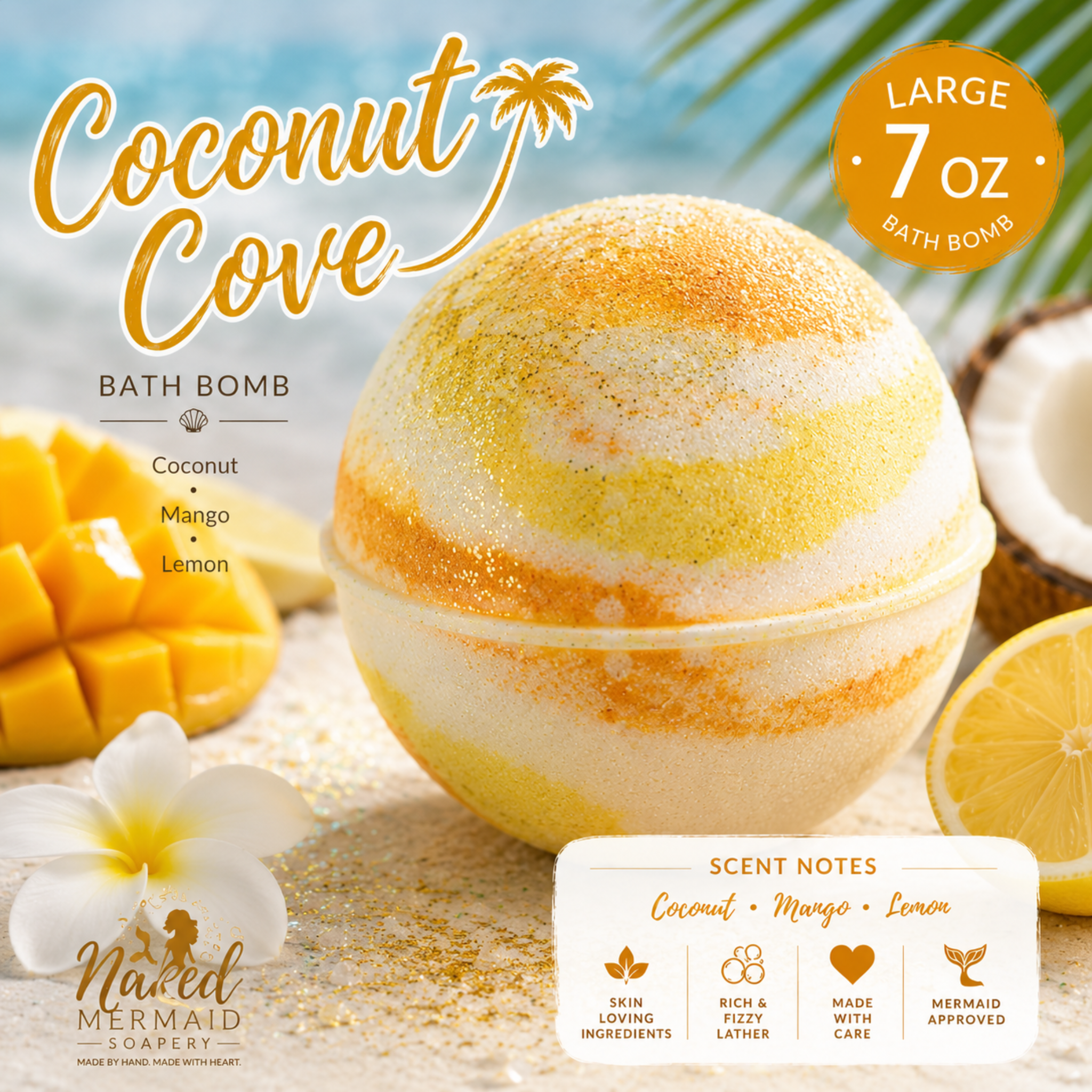  Coconut Cove bath bomb with  scent notes of coconut, mango, and lemon,  large 7 oz bath bomb.