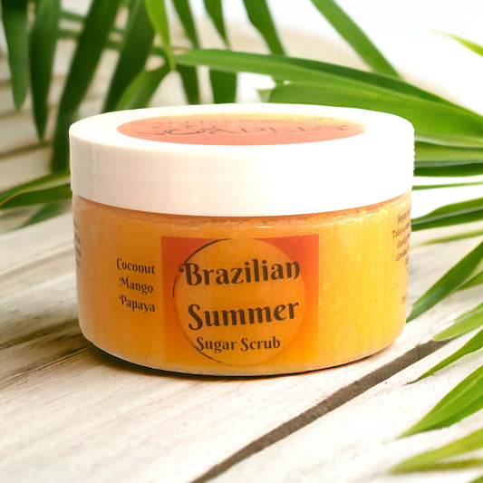 Brazilian Summer, best sugar scrub for skin.  Scent blend of Coconut, Mango and papaya.  Manufactured by Naked Mermaid Soapery LLC