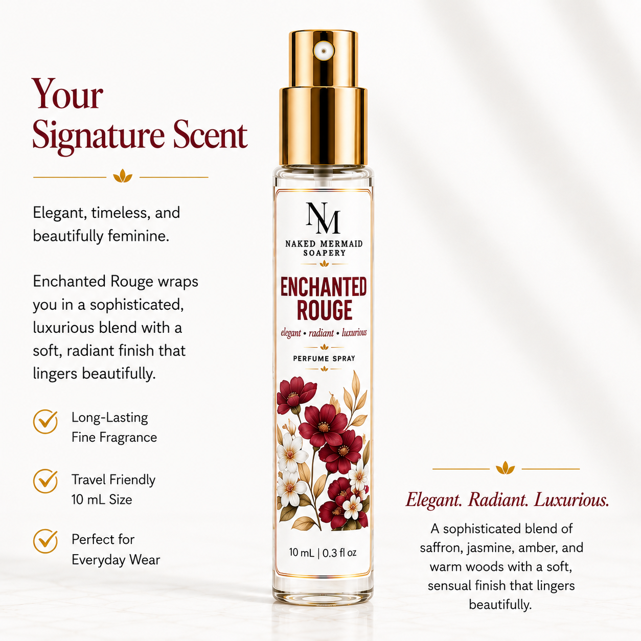 Enchanted Rouge Artisan Perfume Spray by Naked Mermaid Soapery featuring a sophisticated, luxurious fragrance in a 10 mL glass bottle with a gold atomizer. Long-lasting fine fragrance for everyday wear.