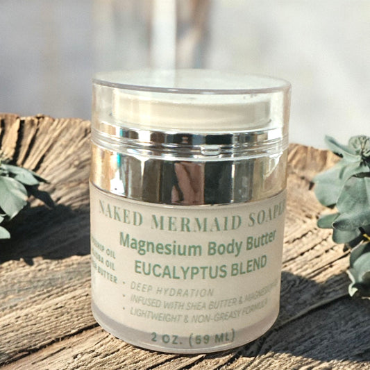 eucalyptus and rosemary infused magnesium body butter in an airless jar for ease of use