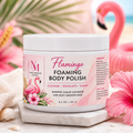 Flamingo Foaming Body Polish by Naked Mermaid Soapery in an 8.5 oz white jar with a vibrant tropical pink label. This whipped sugar body polish gently cleanses, exfoliates, and creates a rich lather for shaving while leaving skin silky smooth and beautifully scented with a bright, playful tropical fragrance.