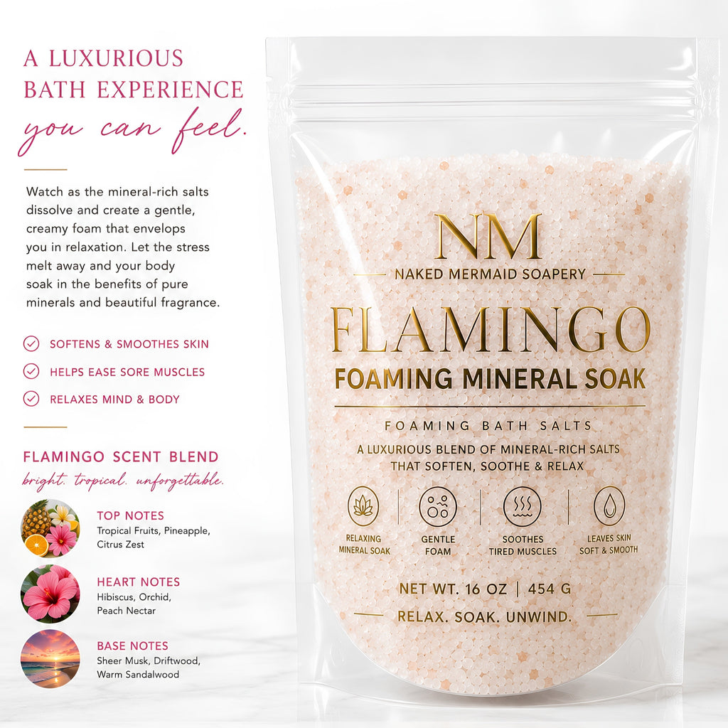 Flamingo Foaming Mineral Soak by Naked Mermaid Soapery in a clear 16 oz stand-up pouch featuring vibrant tropical mineral bath salts. Luxury foaming bath salts with a bright tropical fragrance that creates a relaxing, spa-inspired bathing experience while leaving skin soft and beautifully scented.