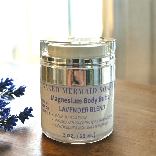 lavender magnesium body butter in a 2 ounce cosmetic airless pump bottle for ease of use