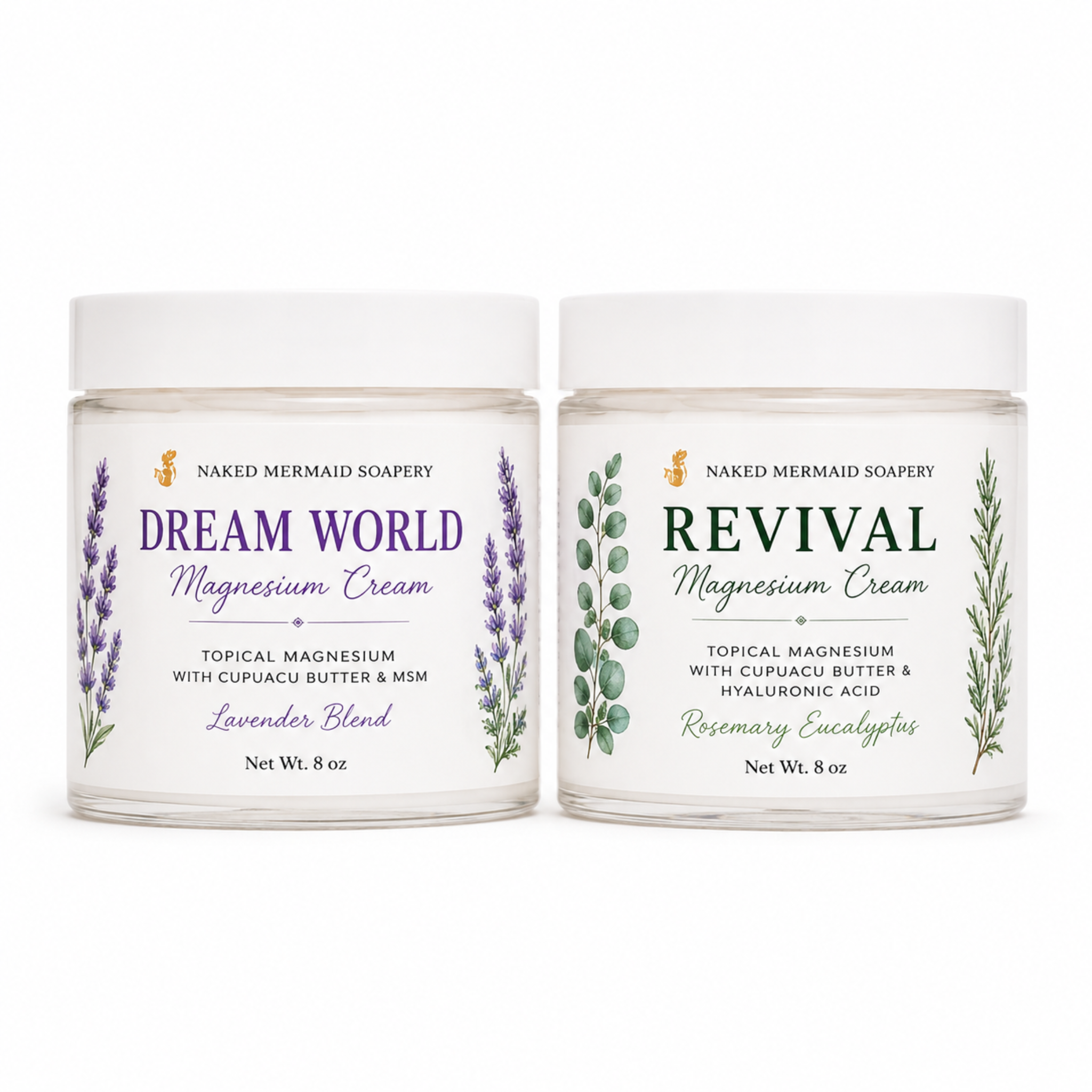 Two Naked Mermaid Soapery magnesium cream jars on a white background: Dream World Lavender Blend on the left with purple text and lavender illustrations, and Revival Rosemary Eucalyptus on the right with green text and eucalyptus illustrations.