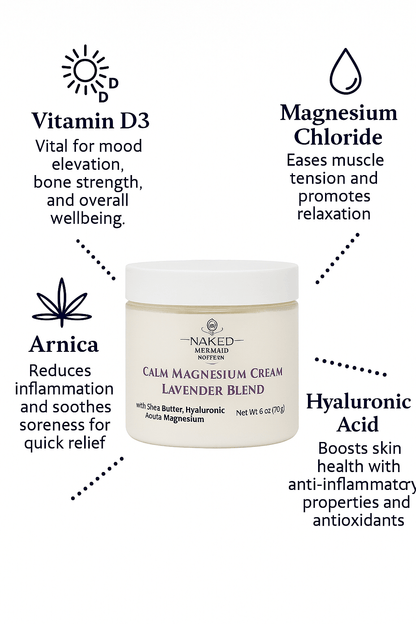 Naked Mermaid Calm Magnesium Cream jar with ingredients listed on a white background
