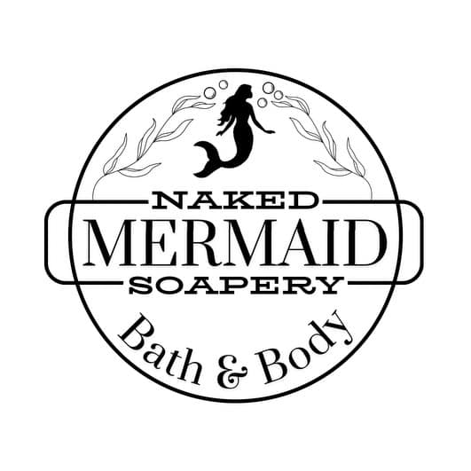 Logo of Naked Mermaid Soapery with a mermaid silhouette and leaf designs.