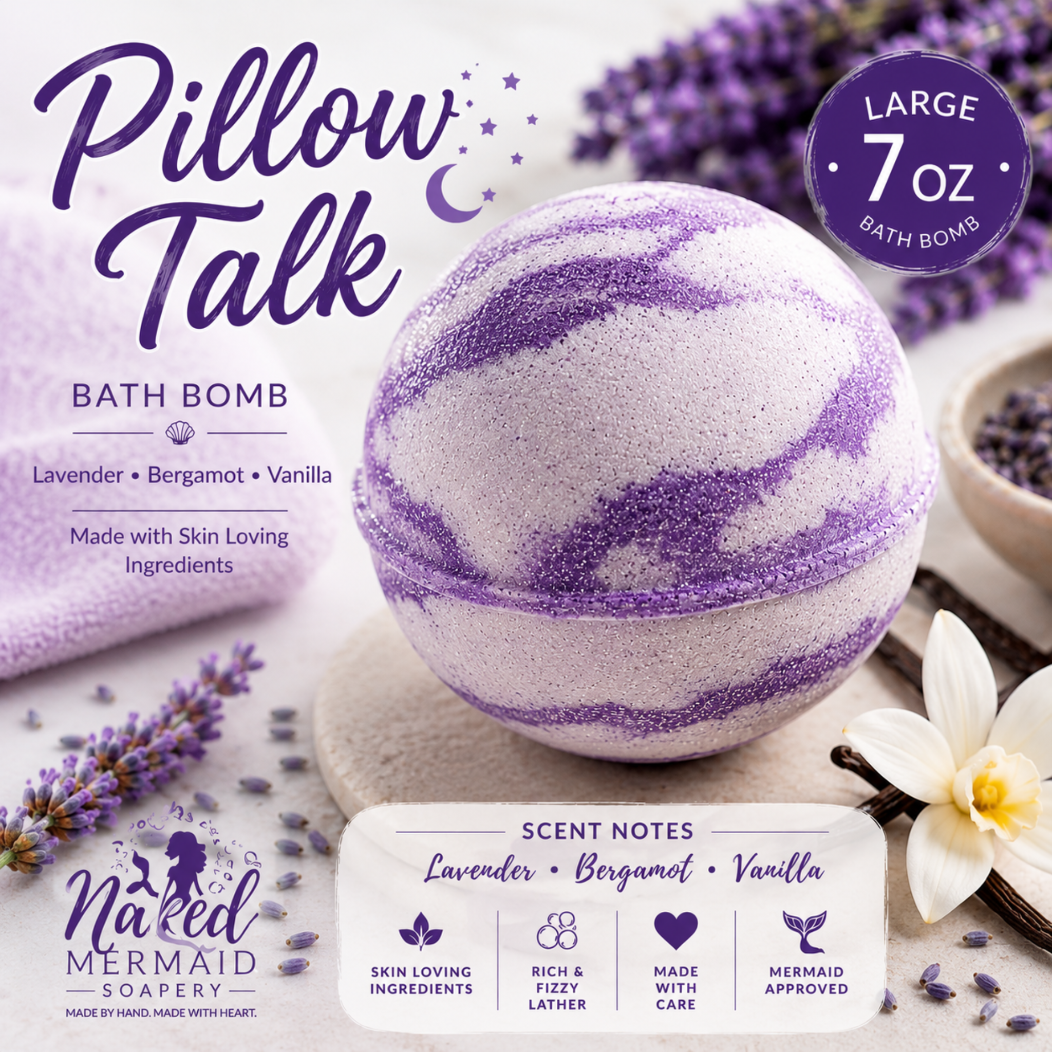 A large marbled lavender and white bath bomb is centered on a styled flat-lay background with lavender sprigs, a white flower, and text reading 'Pillow Talk' and 'Bath Bomb' by Naked Mermaid Soapery. A badge says 'Large 7 oz Bath Bomb' and scent notes are lavender, bergamot, and vanilla.
