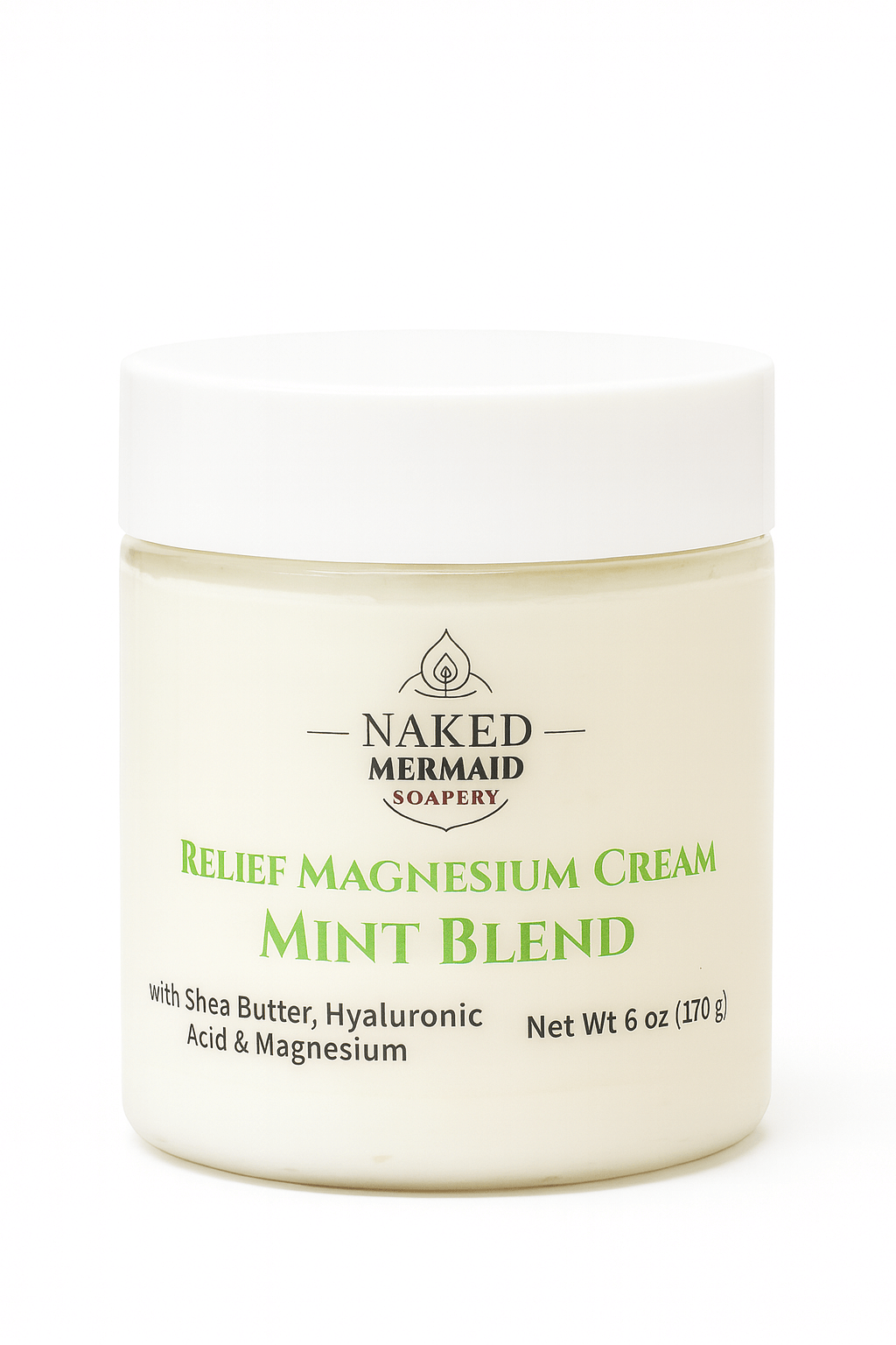 Jar of Naked Mermaid Soapery Relief Magnesium Cream Mint Blend on a white background