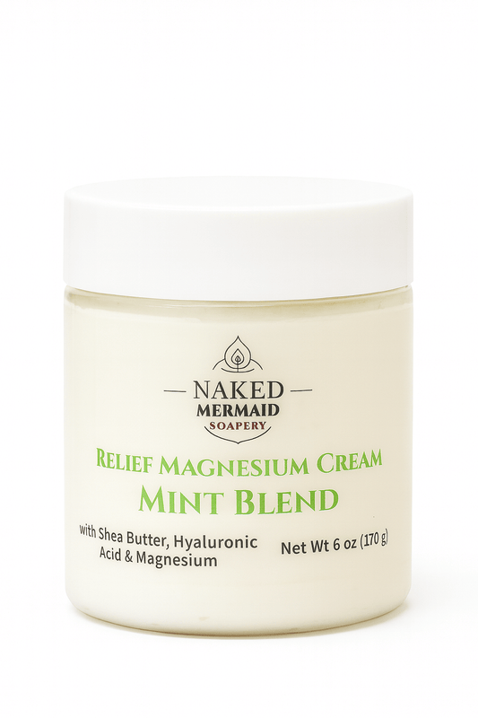 Jar of Naked Mermaid Soapery Relief Magnesium Cream Mint Blend on a white background