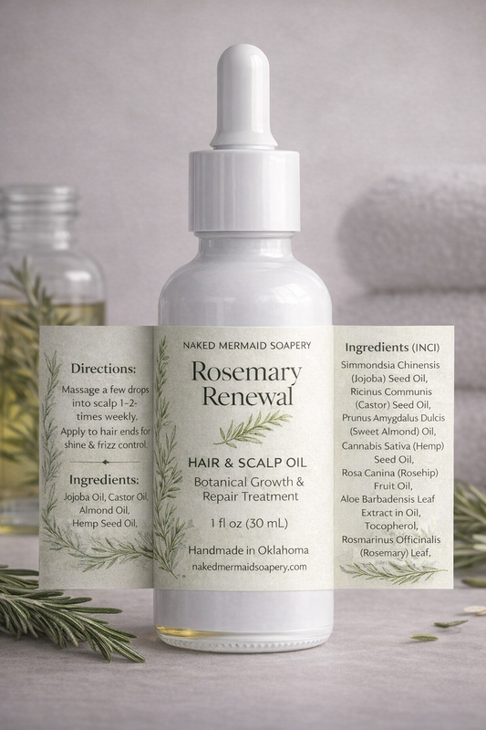 Rosemary Renewal hair and scalp oil bottle with dropper on a light background