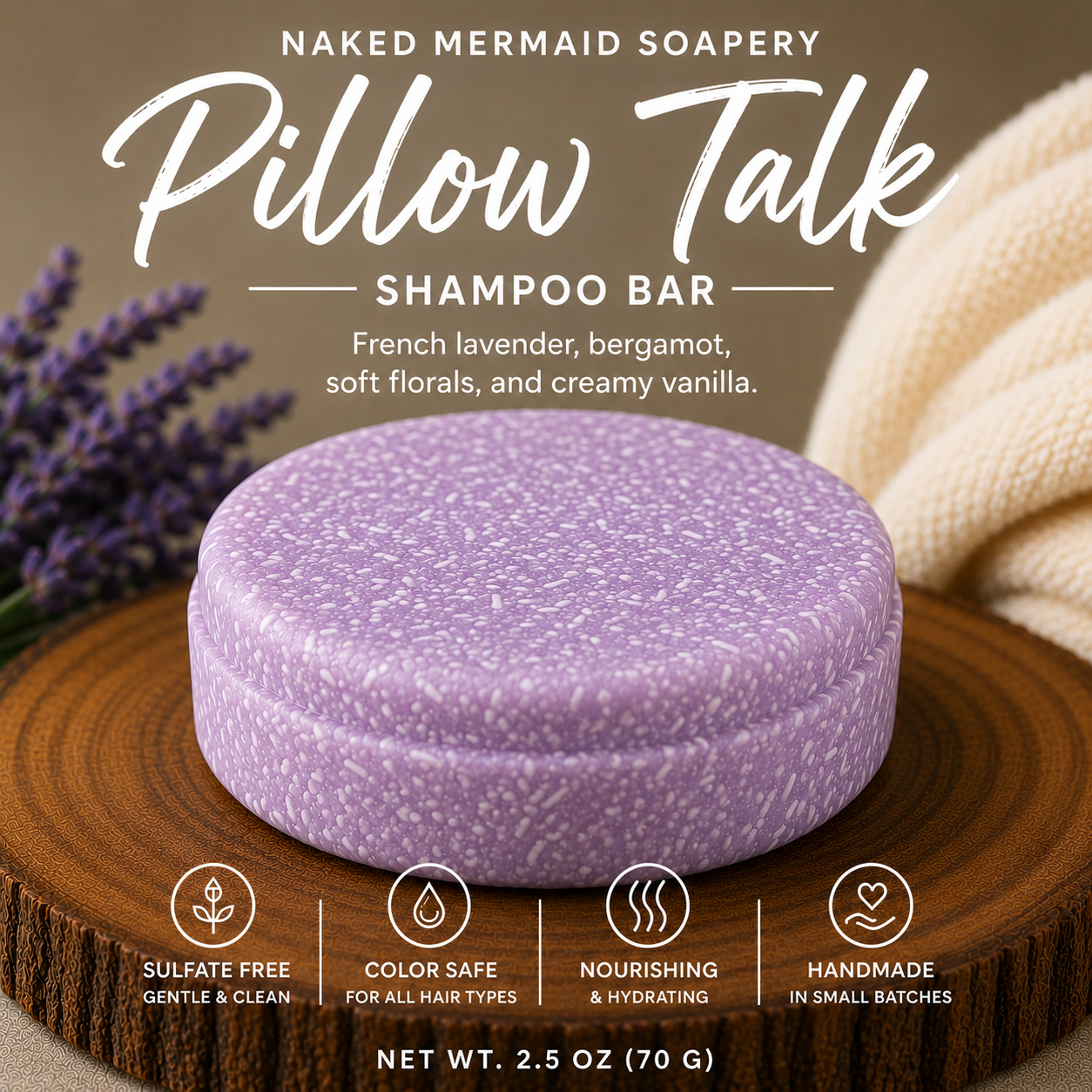 A lavender-purple shampoo bar from Naked Mermaid Soapy 'Pillow Talk' is displayed on a round wooden slice, with lavender sprigs, a cream towel, and product text on a warm brown background.