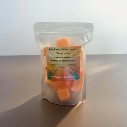 Each bag contains 15 one ounce shower steamers made using a citrus blend of grapefruit, orange and lemon oils along with a touch of menthol.