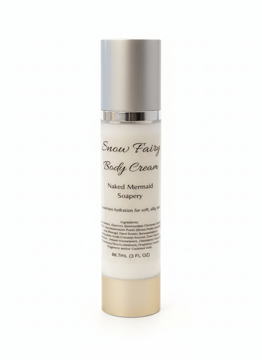 Snow Fairy Body Cream 89.7mL bottle with silver cap on white background - luxurious hydration for soft silky skin by Naked Mermaid Soapery
