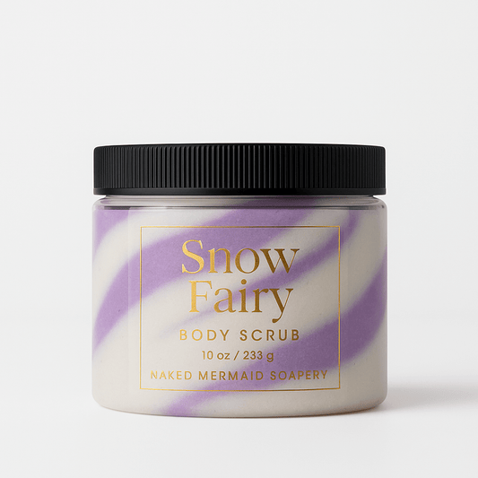 Snow Fairy body scrub jar with purple and white swirl design on a light gray background