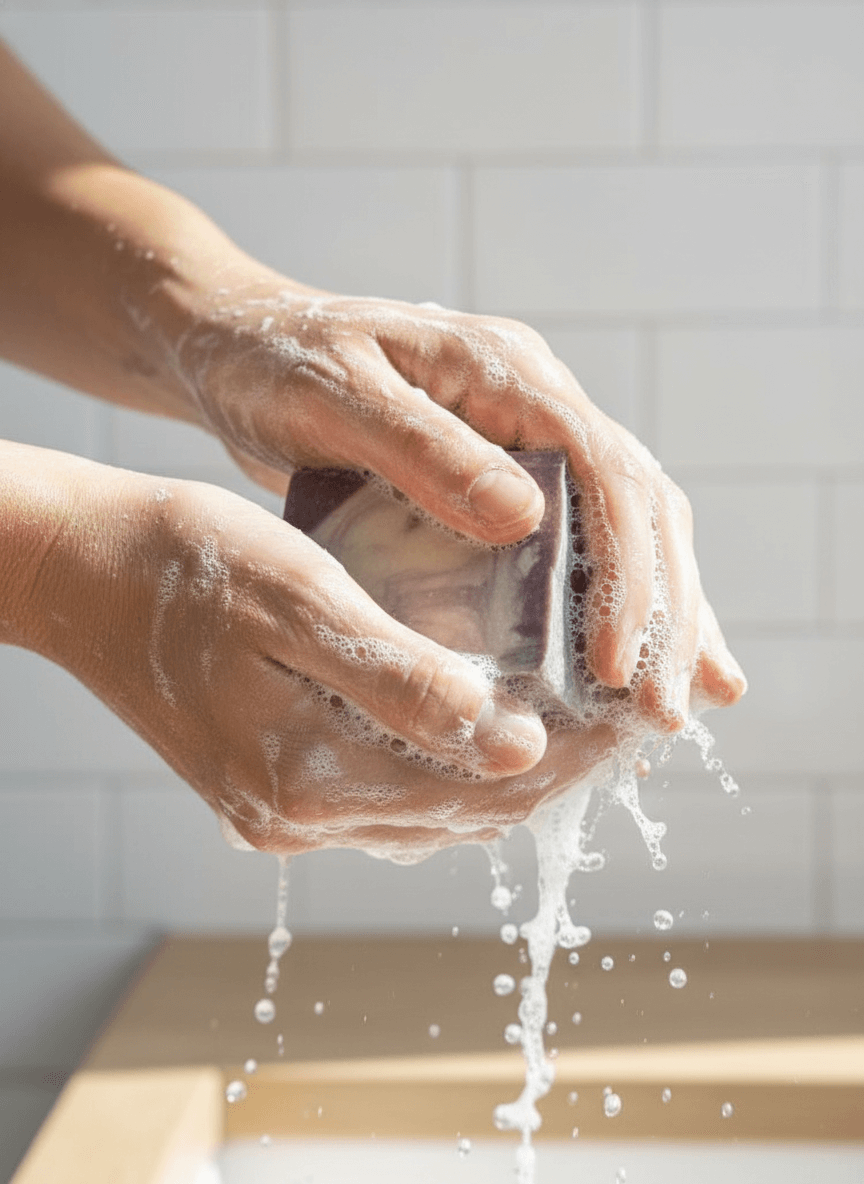 Person washing hands with snow fairy soap bar under running water with a tiled bathroom background