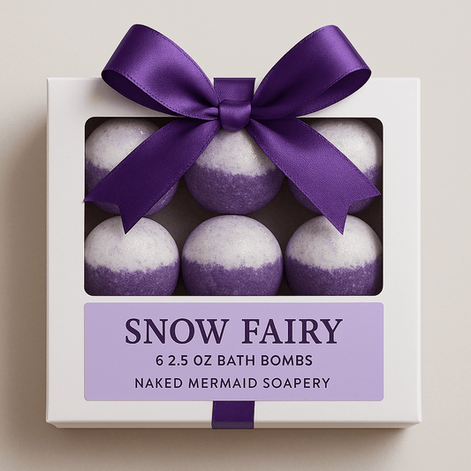 Snow Fairy luxury bath bomb gift set with 6 handmade purple and white bath bombs, perfect for a spa-like experience at home.