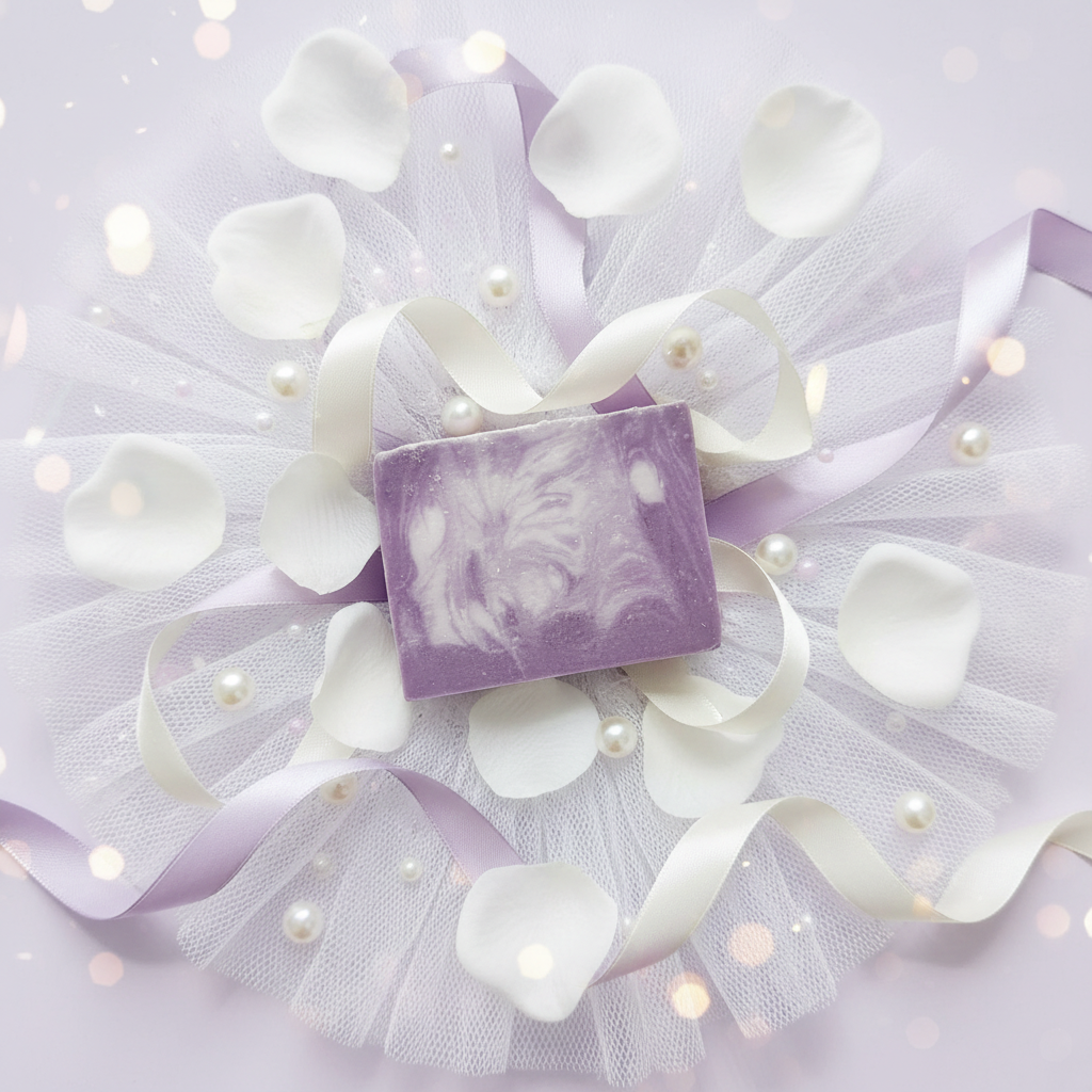 Snow Fairy Soap Bar with purple and white swirls styled with tulle, rose petals, and pearls on lavender background