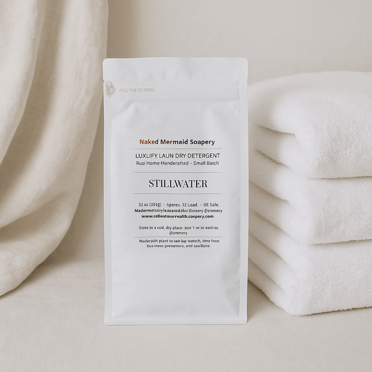 Naked Mermaid Soapery laundry detergent package with a stack of white towels on a neutral background