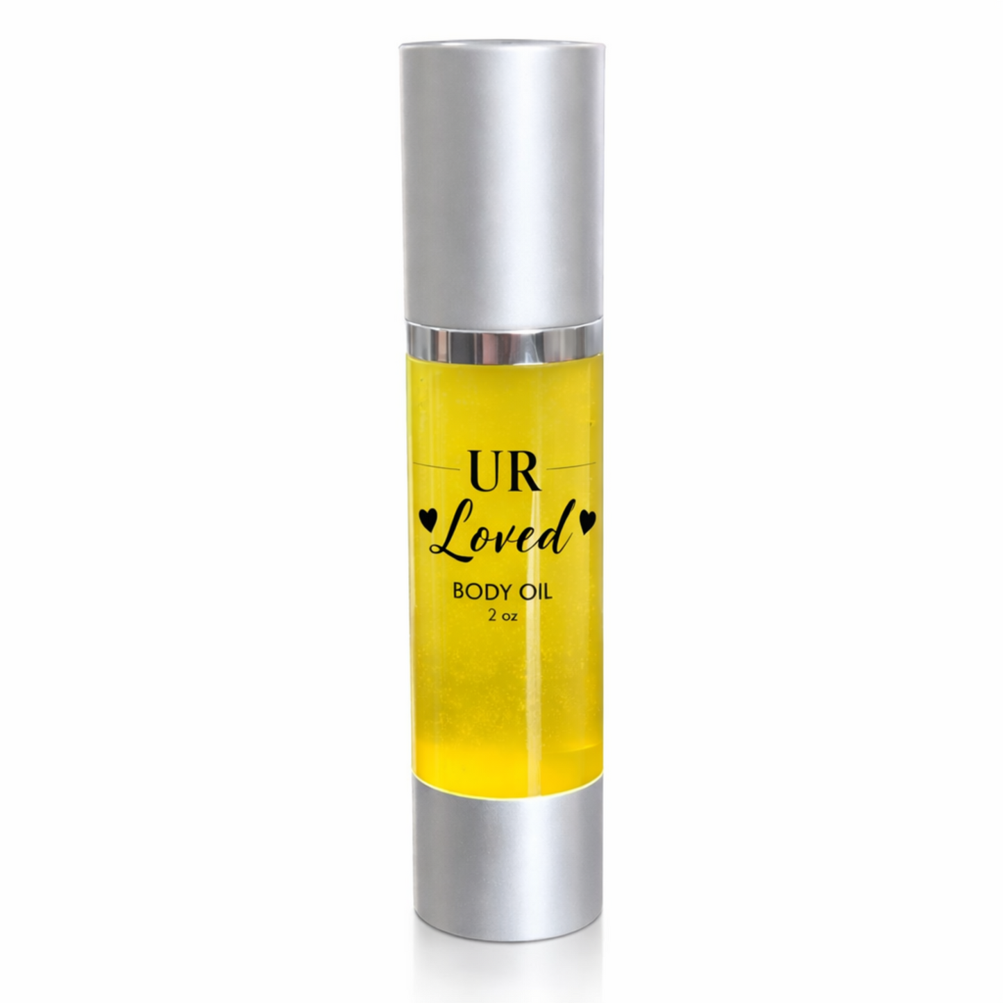 UR Loved 2 oz body oil in a clear airless pump bottle with silver cap and base, featuring a clear label with black text and filled with golden jojoba, amla, rosehip, and vitamin E oils on a clean white background.