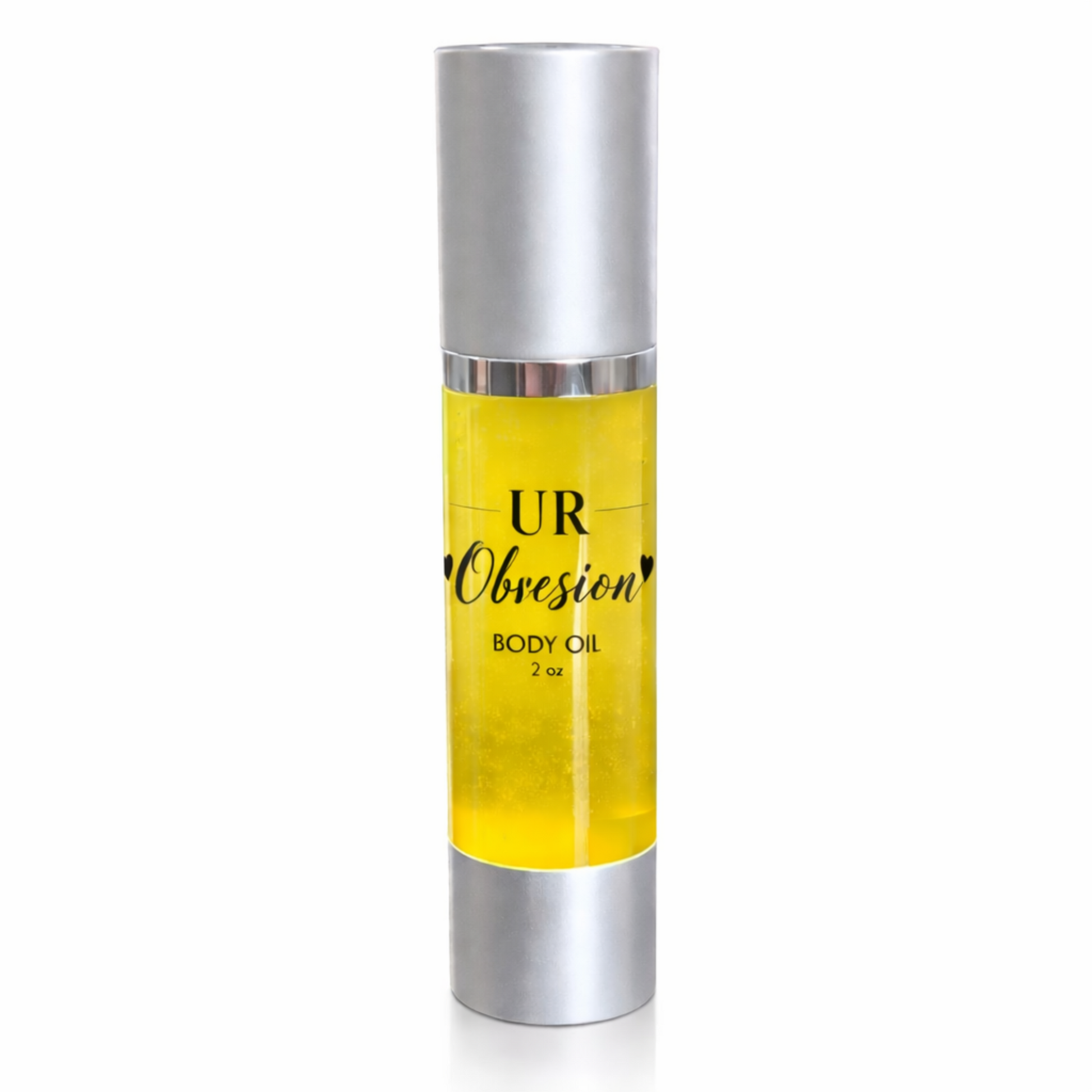 UR Obsession 2 oz body oil in a clear airless pump bottle with silver cap and base, featuring a clear label with black text and filled with golden jojoba, amla, rosehip, and vitamin E oils on a clean white background.