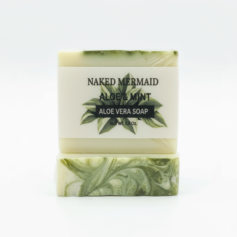 Naked Mermaid Aloe & Mint soap bar with green swirls, natural handmade skincare