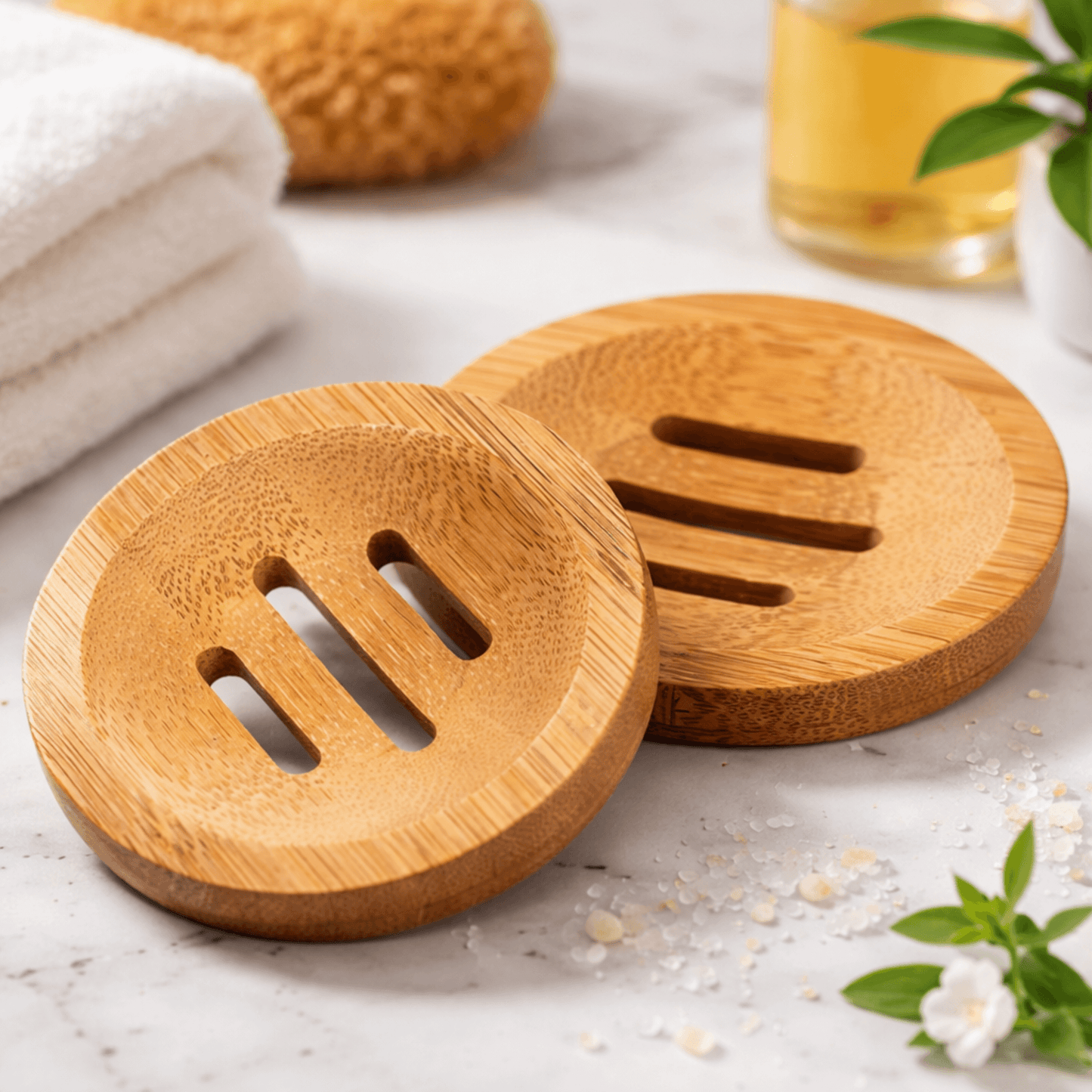 Round bamboo soap dish for shampoo bars and bar soap
