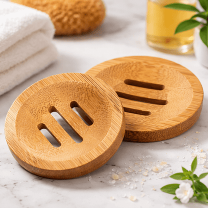 Round bamboo soap dish for shampoo bars and bar soap