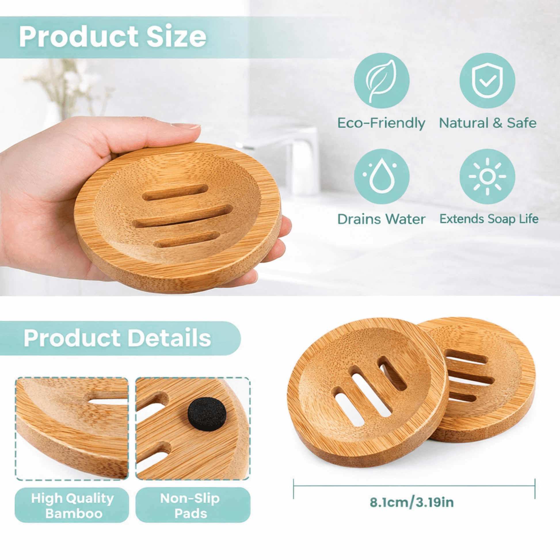 Bamboo soap dish showing size, drainage slots, and non-slip bottom for shampoo bars and bar soap