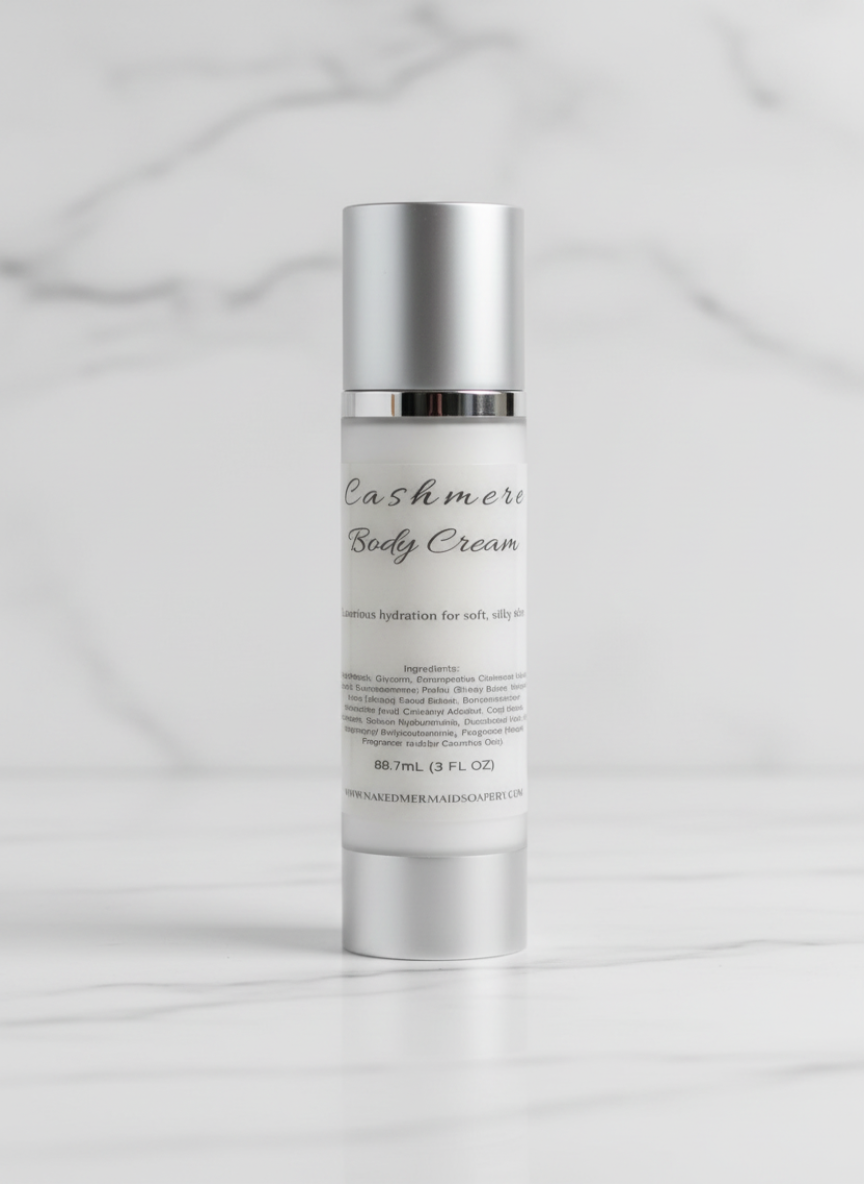 Cashmere Body Cream in a 3 ounce airless pump bottle for easy dispensing