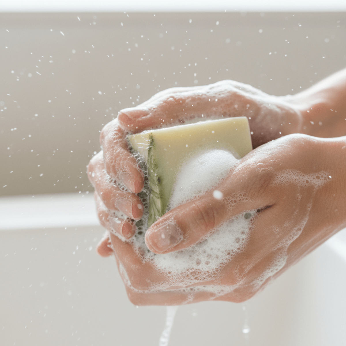 Hands lathering natural soap bar with rich foam, clean beauty skincare routine