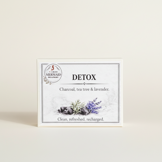 Naked Mermaid Soapery boxed Detox handmade charcoal soap bar with fresh cleansing scent