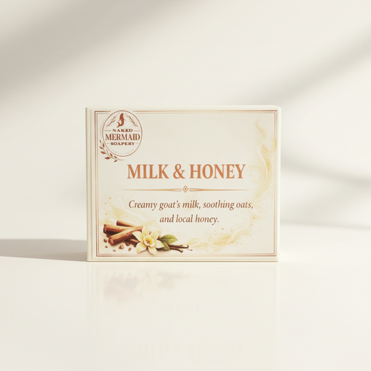 Naked Mermaid Soapery boxed Milk and Honey handmade goat milk soap bar with soft natural almond scent